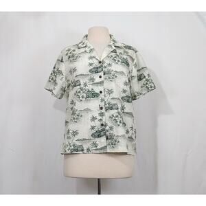 Vintage Y2K Blouse Green Hawaiian Surfing Cars Top Misses Size L Hilo Hattie